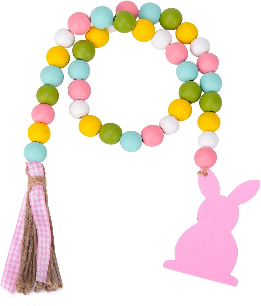 Easter Wood Bead Garland – Pink Bunny Spring Wood Beads with Tassel, 28.5" Rustic Farmhouse Hanging Decoration for Home, Wall, Tiered Tray, Shelf